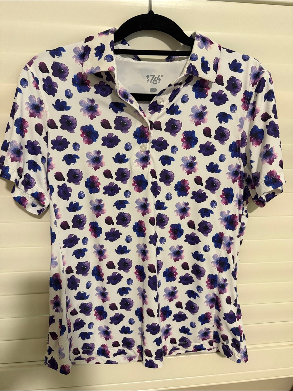 Button-Down Golf Short Sleeve Shirt in White with Purple Floral Print -